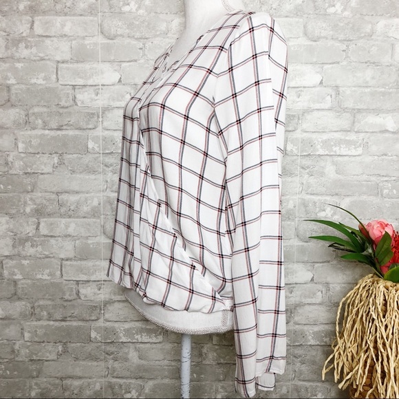 En Creme | Red/Blue Plaid/Checkered Long-sleeve Top Small - Picture 2 of 8